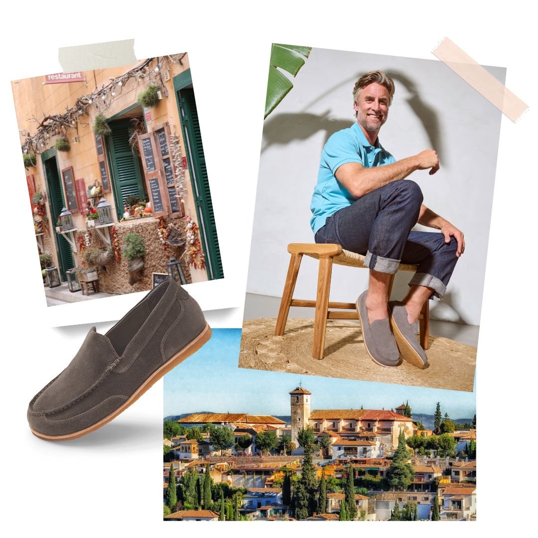 Collage eines Mannes, der einen bequemen Slipper tr&auml;gt, zusammen mit mediterranem Stadtbild und Gesch&auml;ftst&uuml;r in Italien.